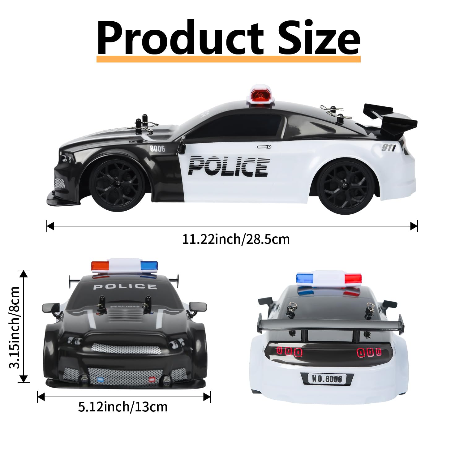 iBlivers RC Drift Police Car drift tires enable controlled fun on smooth surfaces