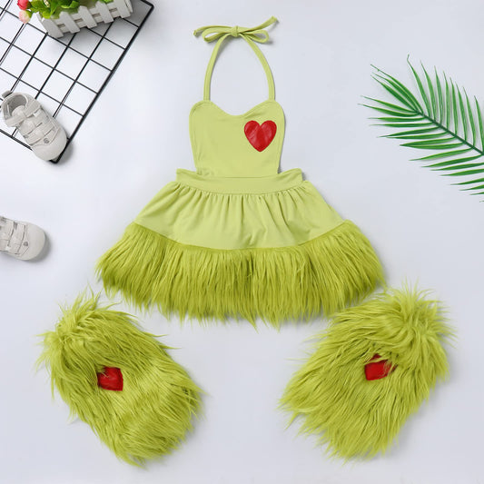 IBTOM CASTLE toddler Christmas outfit in green with leg warmers for parties.