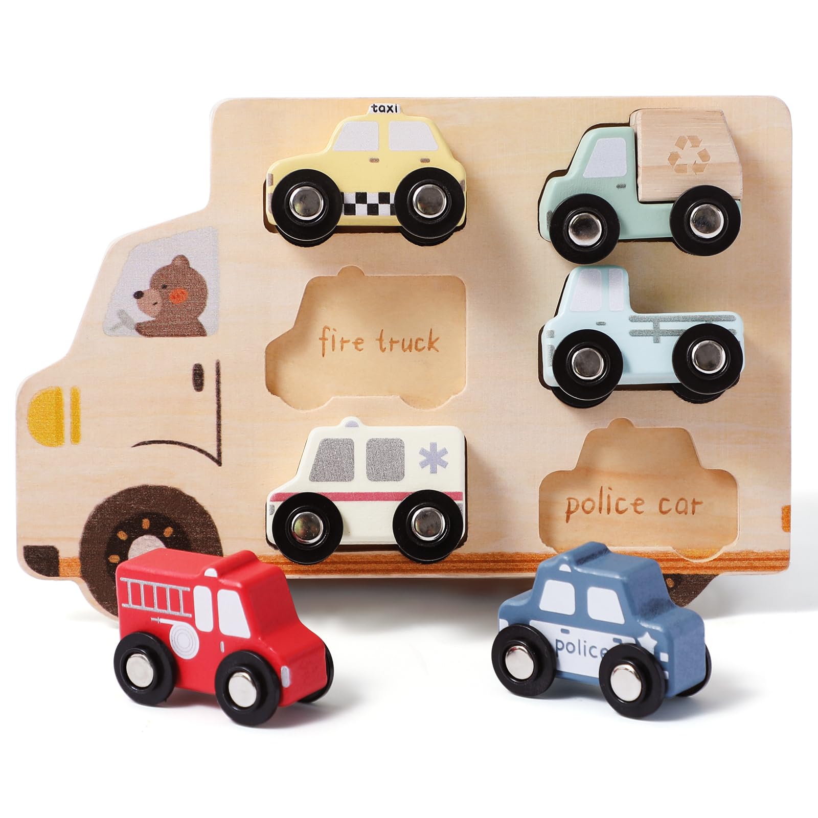 ibwaae wooden cars taxi: vibrant, durable toy boosts fine motor skills during imaginative play.