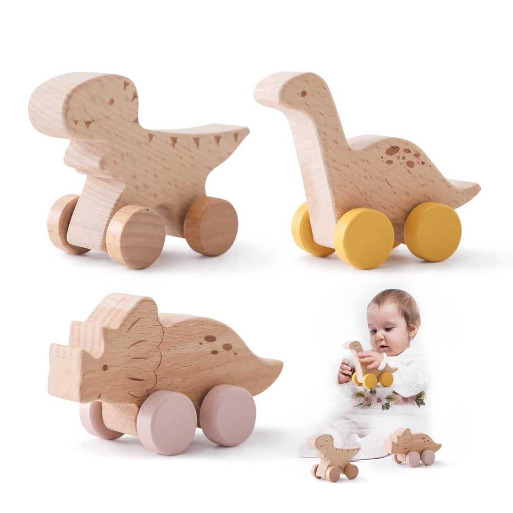Ibwaae wooden dinosaur car with movable wheels supports early sensory exploration.