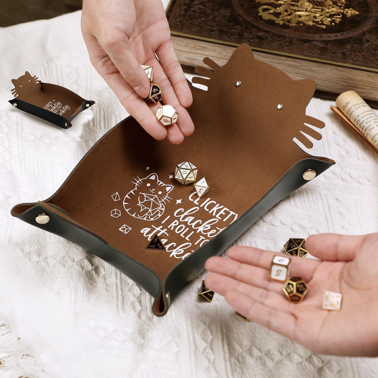 ICoDeesse cat dice tray on table during DND sessions.