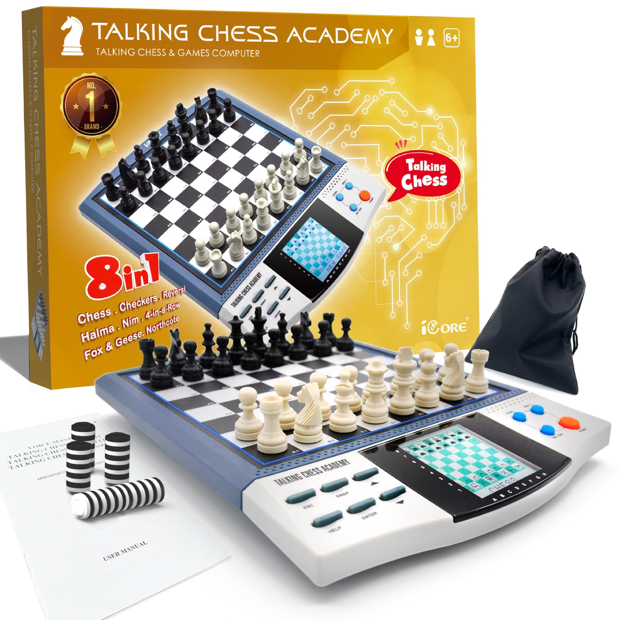 iCore electronic chess set play area showing interactive board layout for family fun