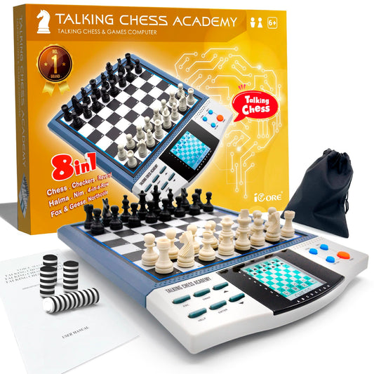 iCore electronic chess set play area showing interactive board layout for family fun