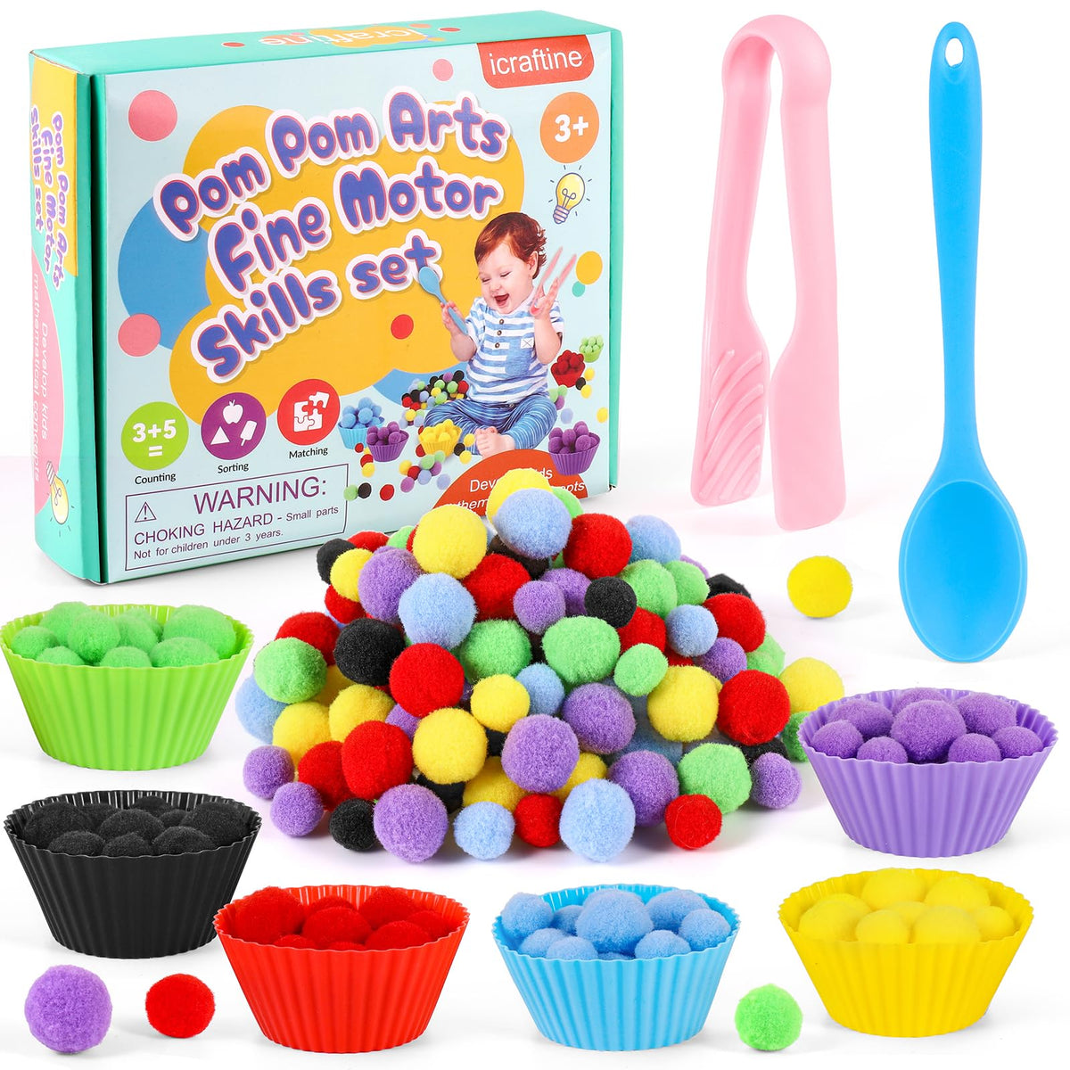 iCraftine pom poms and bowls create a vibrant hands-on fine motor play experience