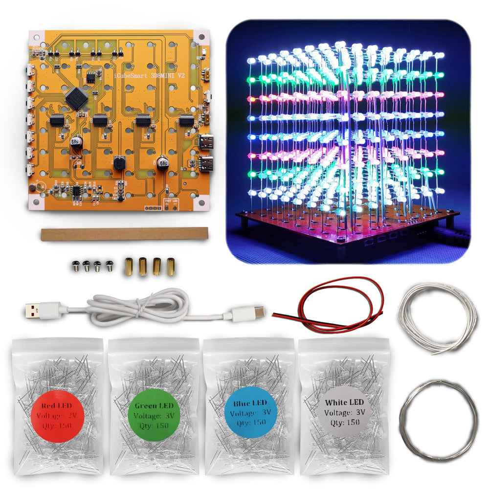 iCubeSmart MINI LED cube kit with parts ready for assembly and exploration.
