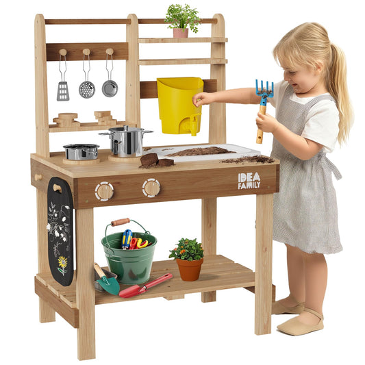 IDEA FAMILY 6-in-1 mud kitchen with wooden sand molds boosts imaginative outdoor play.