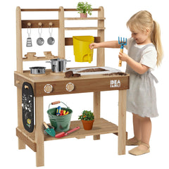 IDEA FAMILY 6-in-1 mud kitchen with wooden sand molds boosts imaginative outdoor play.
