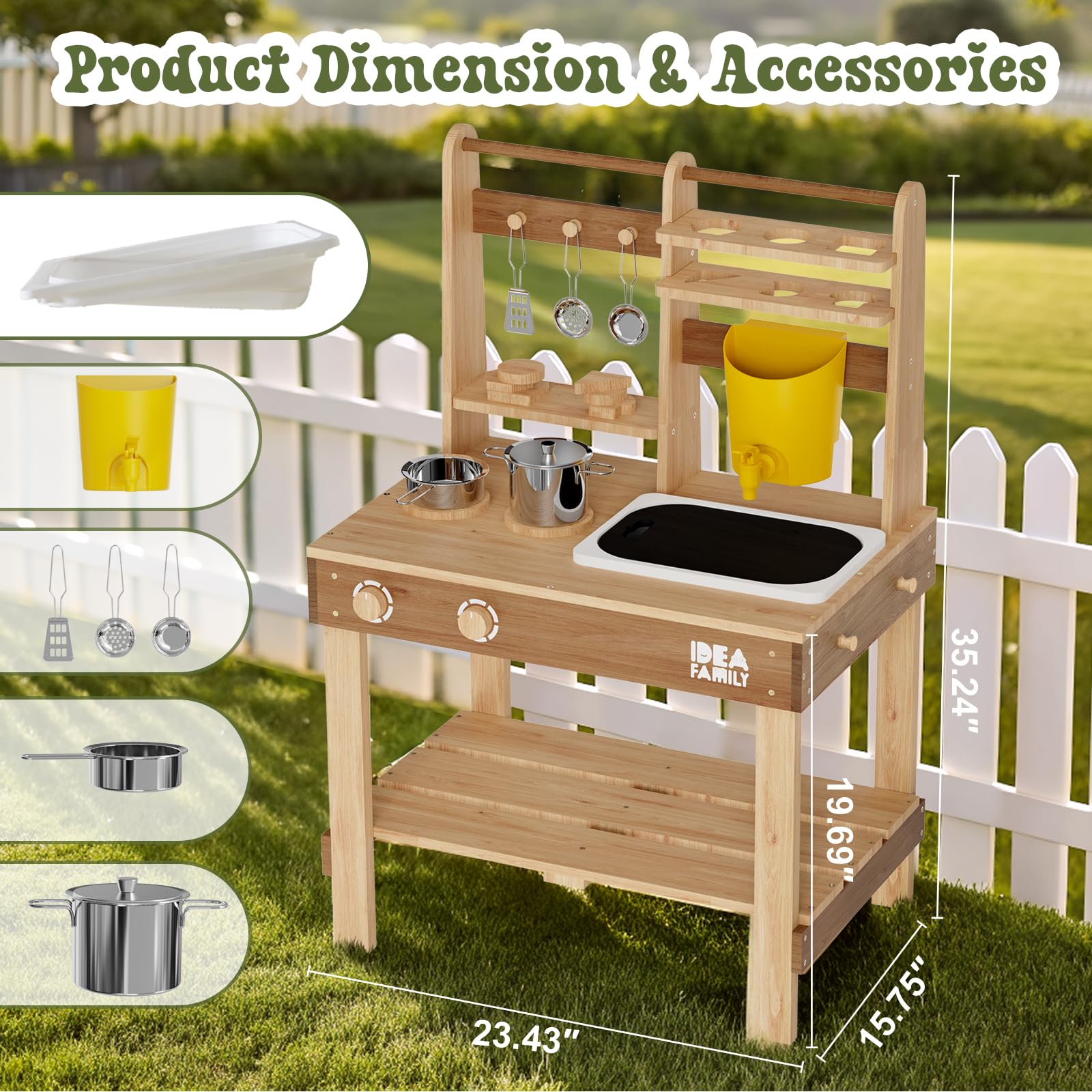 IDEA FAMILY mud kitchen with 2-in-1 chalkboard serves as sink cover for tidy counters.