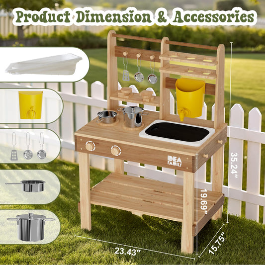 IDEA FAMILY mud kitchen with 2-in-1 chalkboard serves as sink cover for tidy counters.