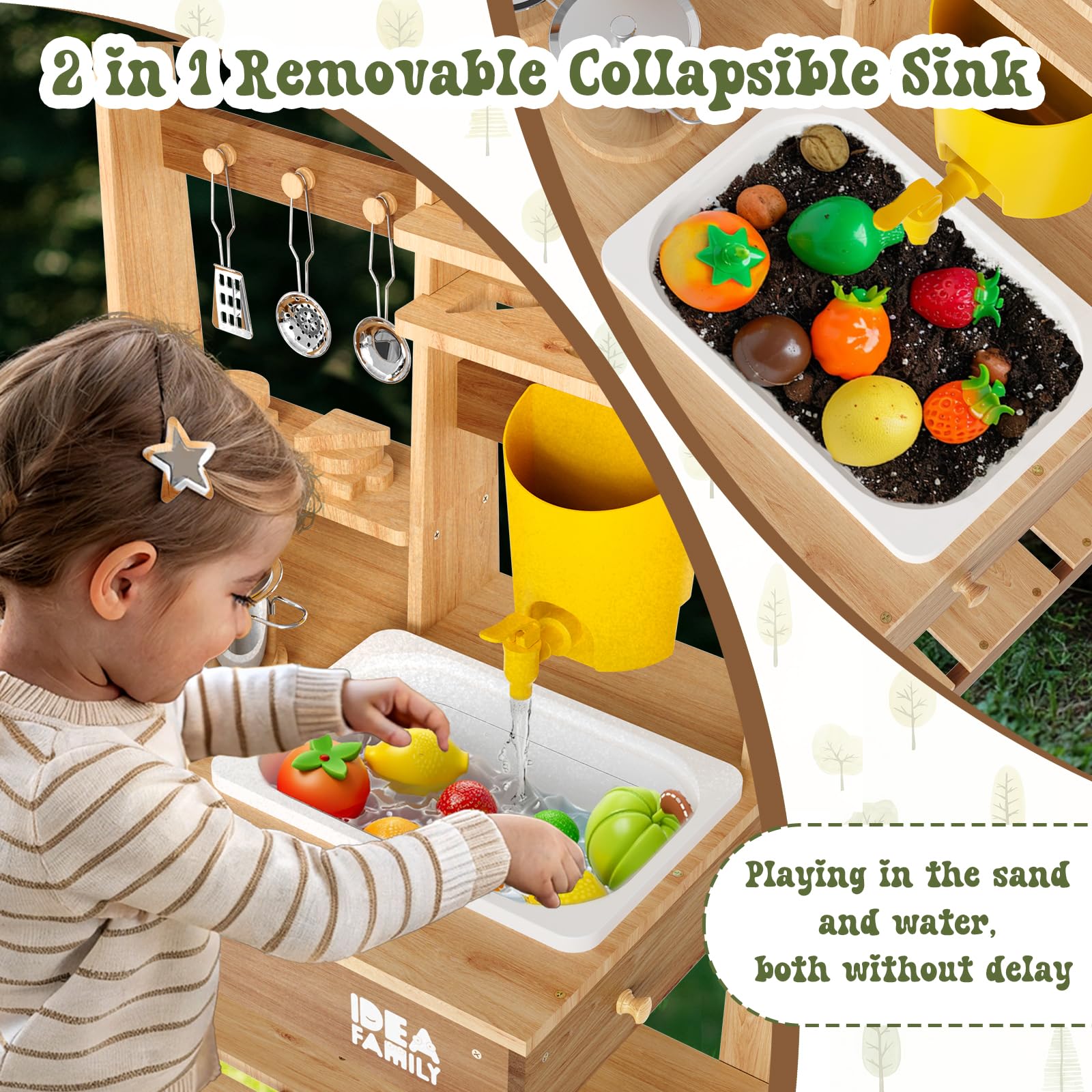 IDEA FAMILY mud kitchen features a faucet and sink for realistic pretend cooking.