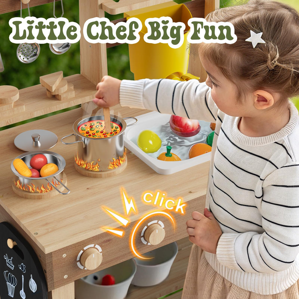 IDEA FAMILY mud kitchen with a sturdy stove and click-knob design for pretend meals.