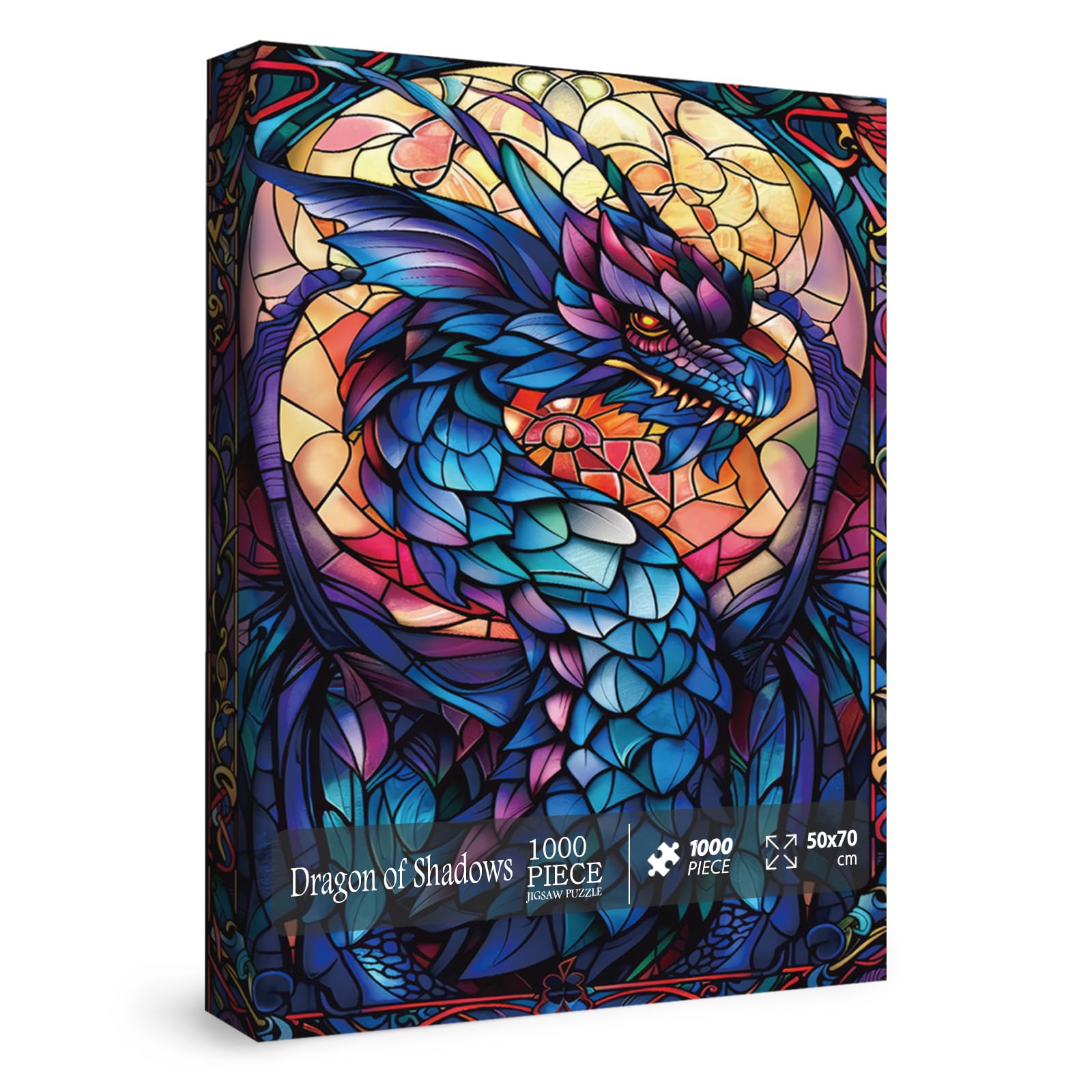 IdeaBazar fantasy dragon puzzle 1000 pieces shows vibrant stained glass colors for focused relaxation