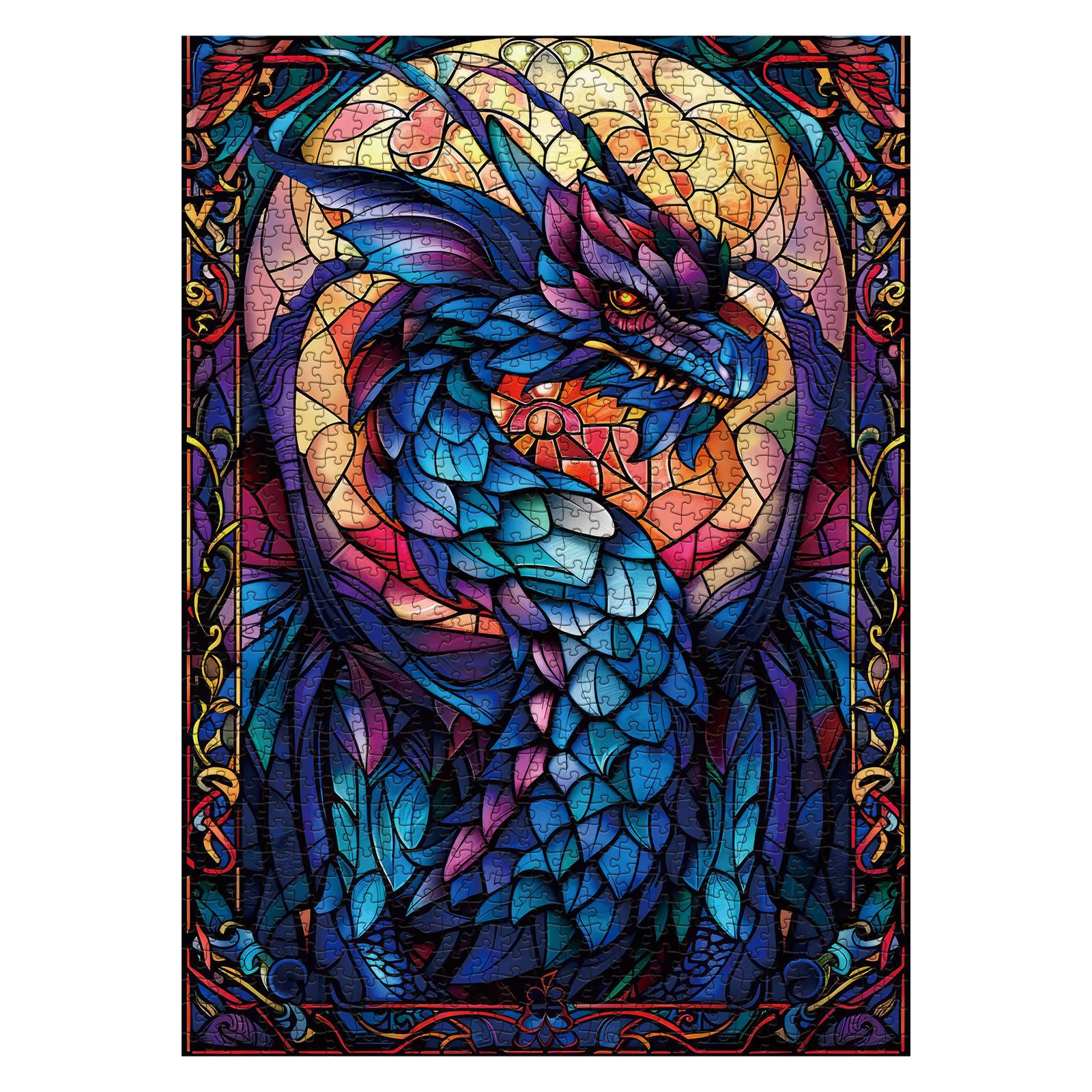 IdeaBazar stained glass dragon art puzzle reveals intricate details, ideal for immersive evenings
