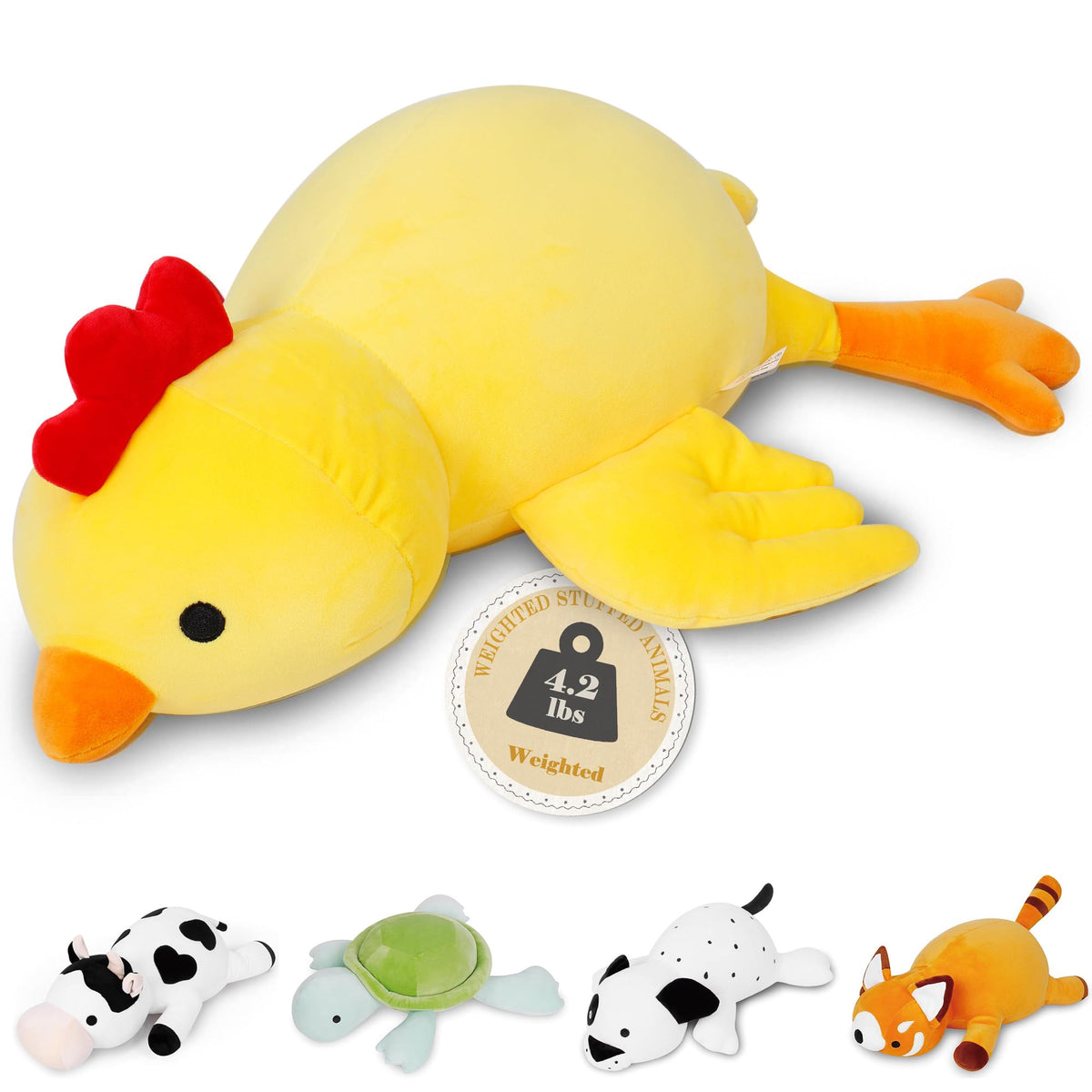 IdeaMeme 24-inch weighted chick plush resting on a couch for cozy TV time.