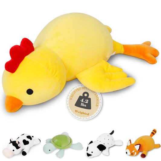 IdeaMeme 24-inch weighted chick plush resting on a couch for cozy TV time.