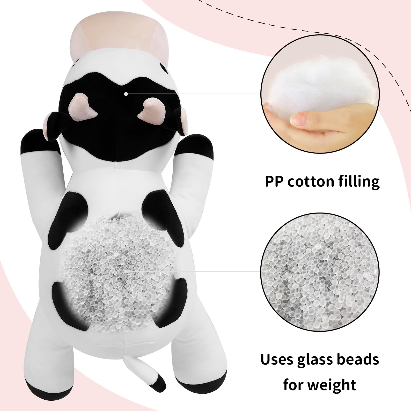IdeaMeme Cow Weighted Plush used as lumbar support while reading.