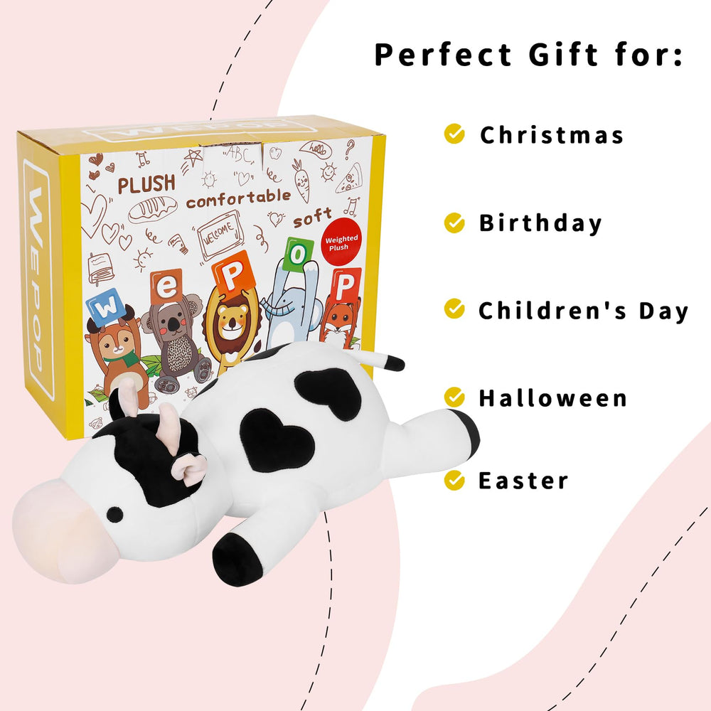 IdeaMeme Cow Weighted Plush on a chair adds extra comfort.