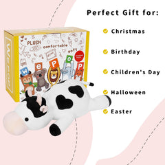 IdeaMeme Cow Weighted Plush on a chair adds extra comfort.