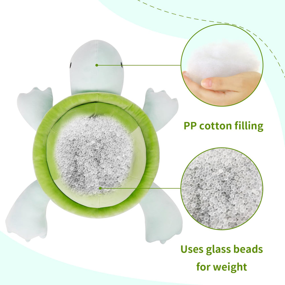 IdeaMeme turtle weighted plush 22 – close up of soft fabric and stitching.