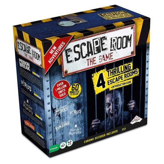Identity Games Escape Room The Game Version 2 box with four adventures for group play at home.