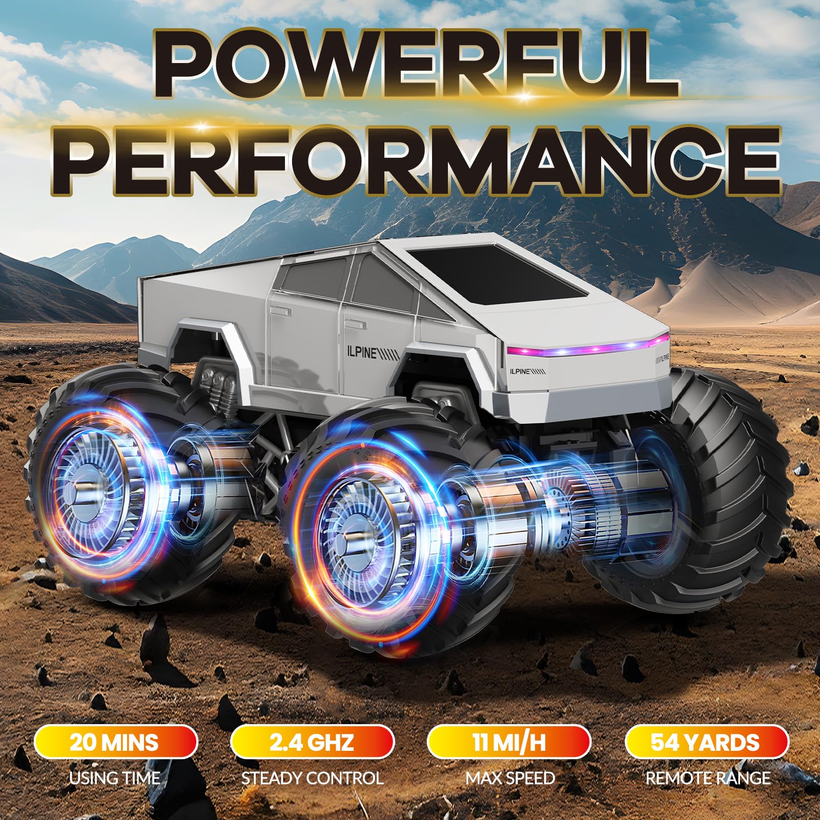 iDrone Cyber RC Truck front view with LED lights for night play.