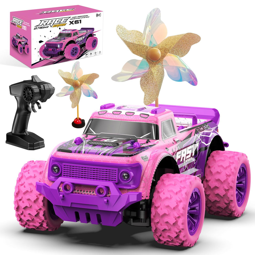 IDrone pink purple RC truck front view shows a sturdy chassis for outdoor play.