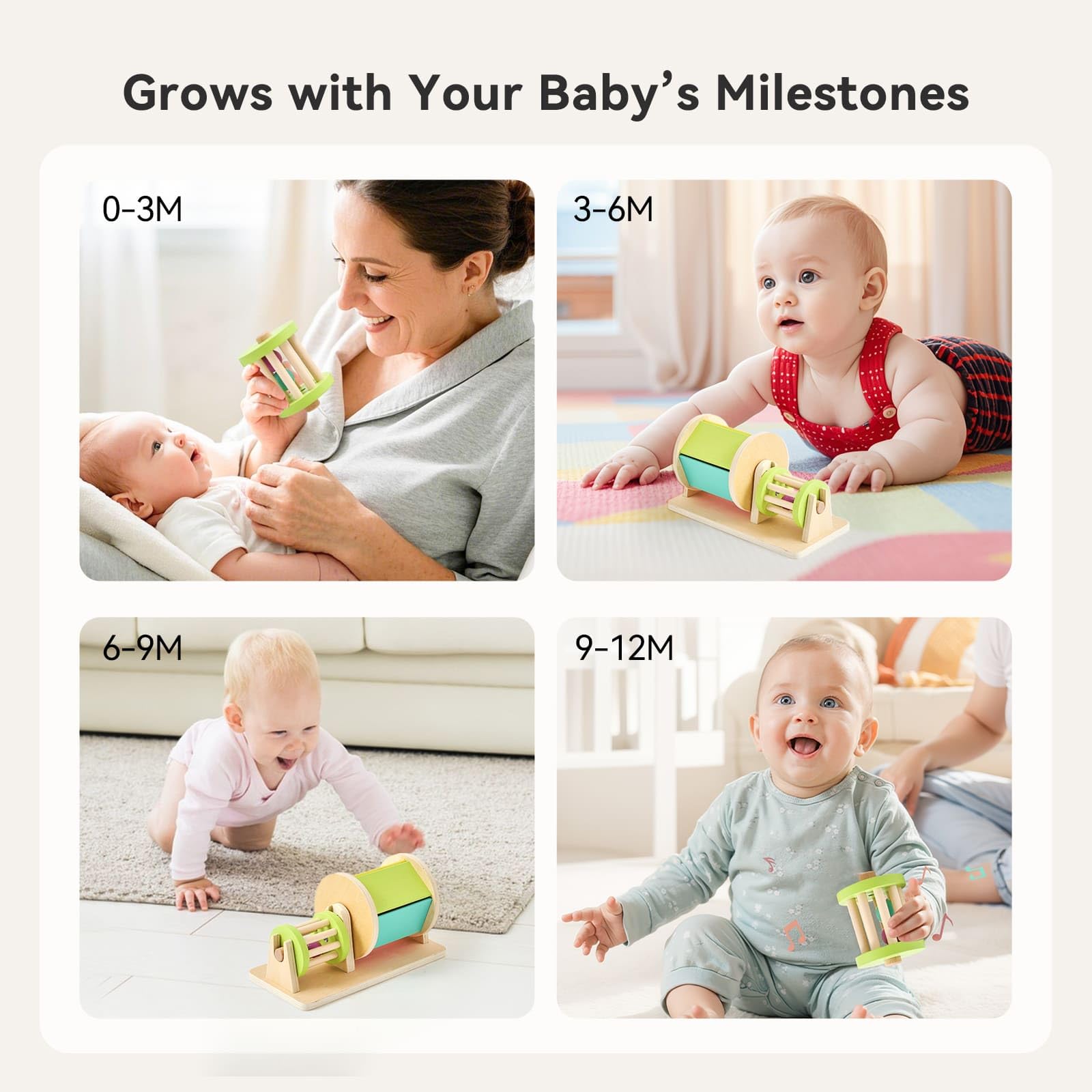 IEATFO baby-safe wooden rattle with bells supports auditory development and exploration.