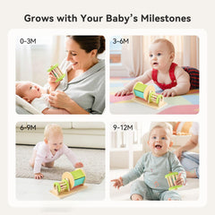 IEATFO baby-safe wooden rattle with bells supports auditory development and exploration.