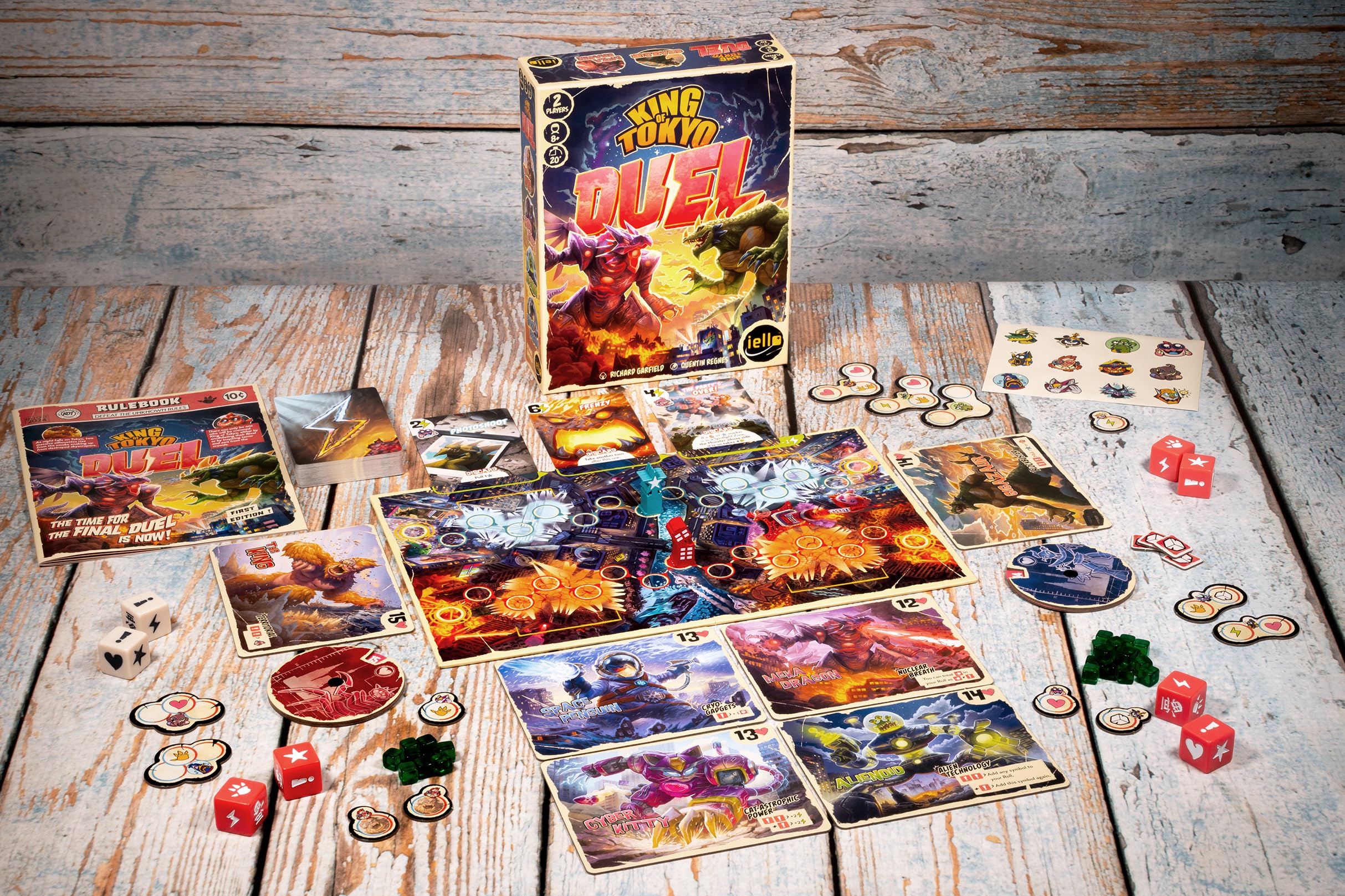 IELLO King of Tokyo Duel board setup and power cards enhance tactical play