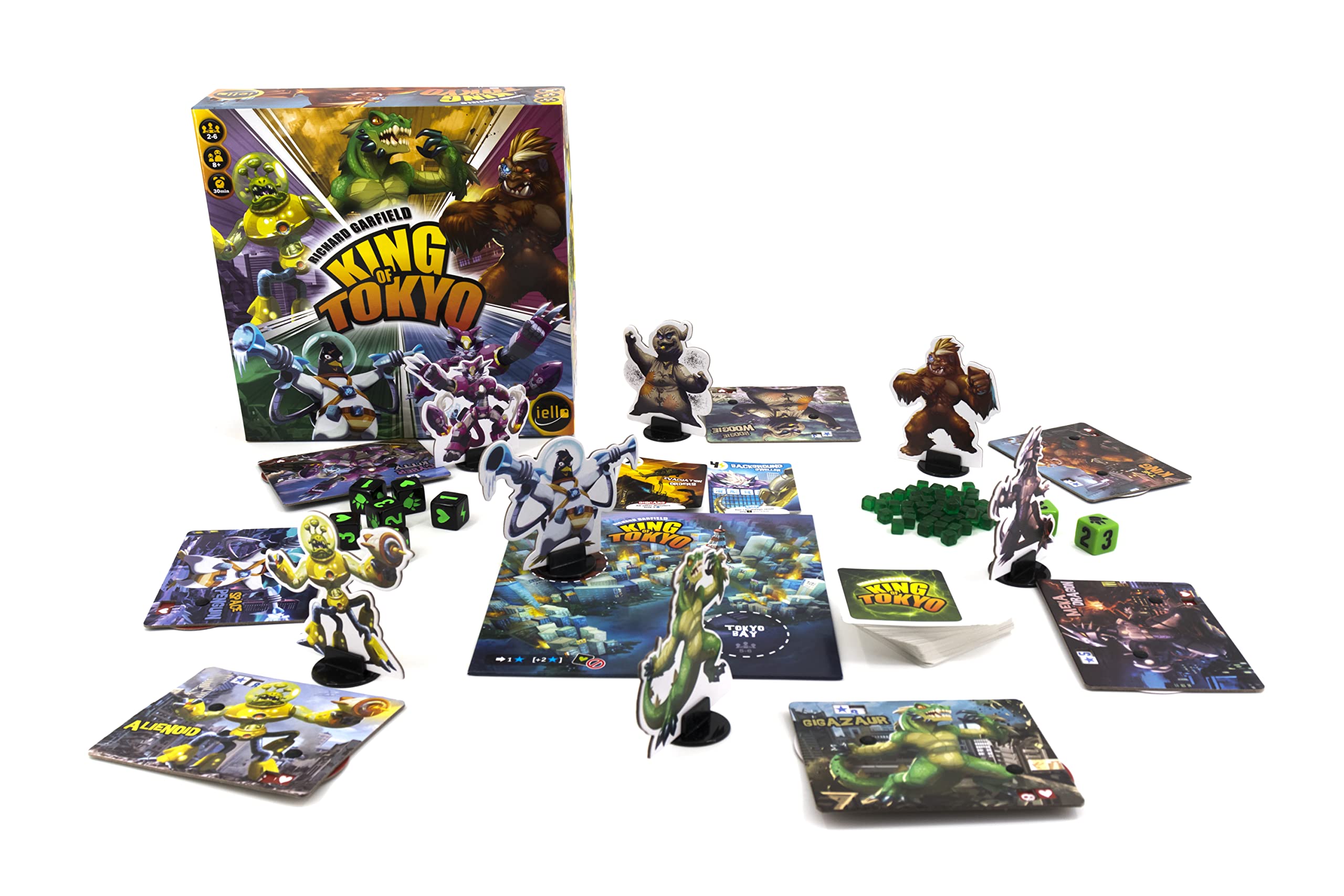 IELLO King of Tokyo new edition dice close-up highlighting chunky, satisfying rolls
