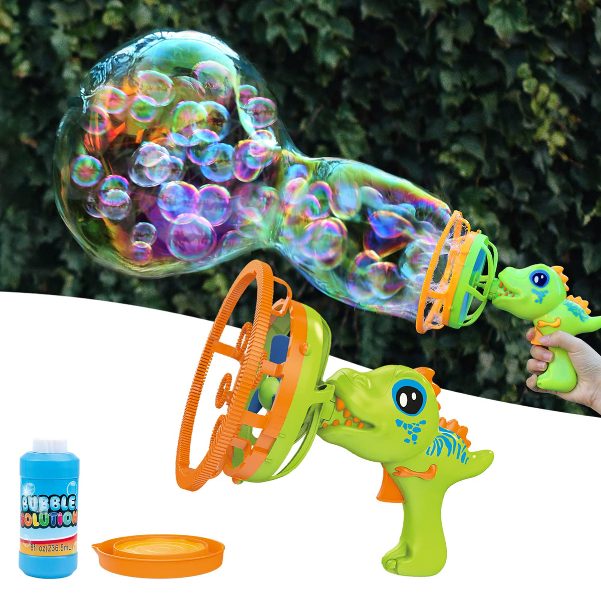 IFLOVE Bubble Gun Dinosaur Blower delivers vibrant bubbles for outdoor play.