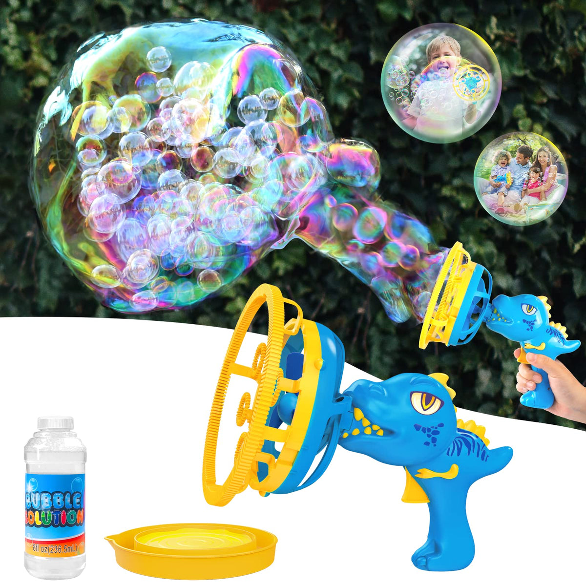 IFLOVE dinosaur bubble gun blue in action for kids' outdoor playtime.
