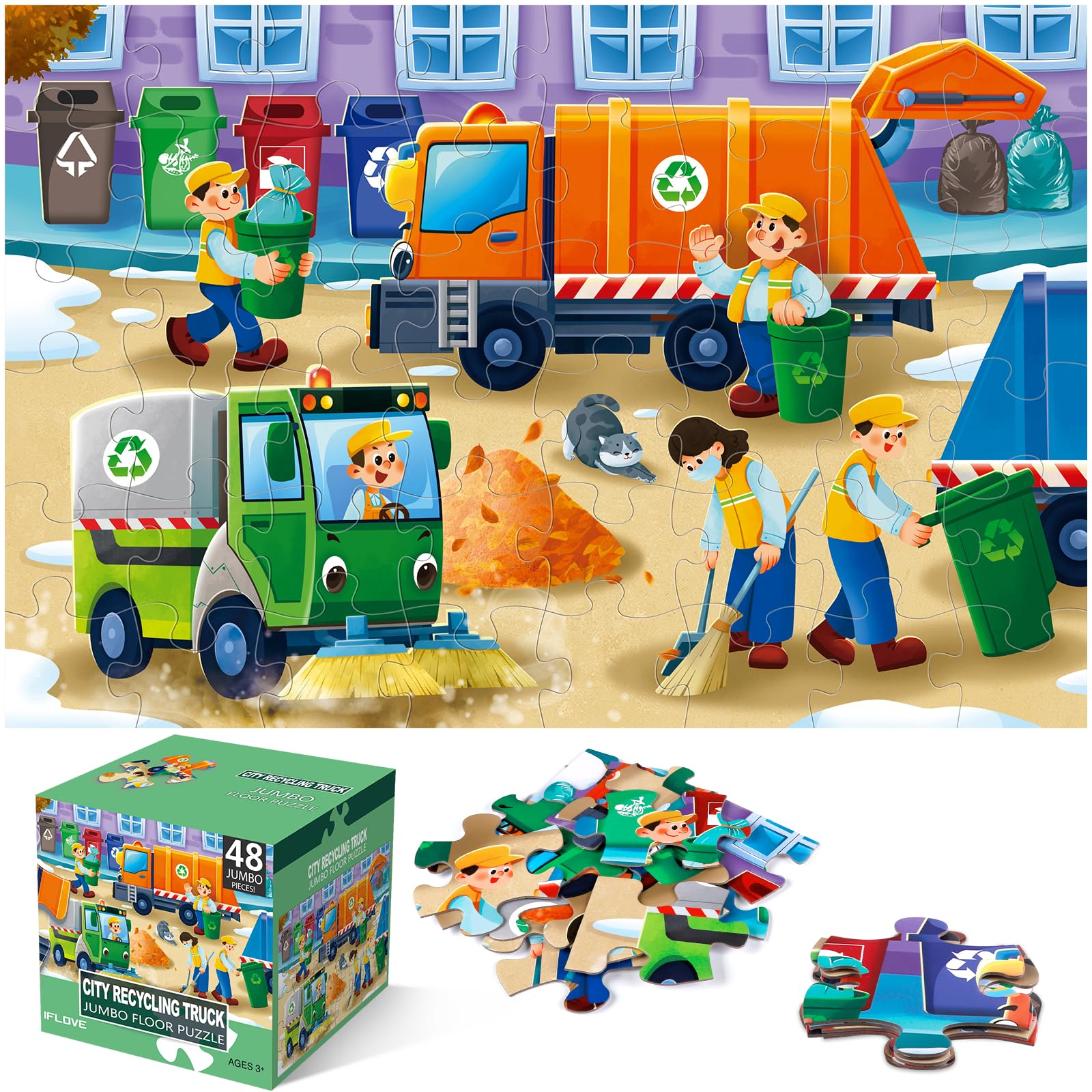 IFLOVE jumbo floor puzzle city recycling truck scene supports early learning through play.