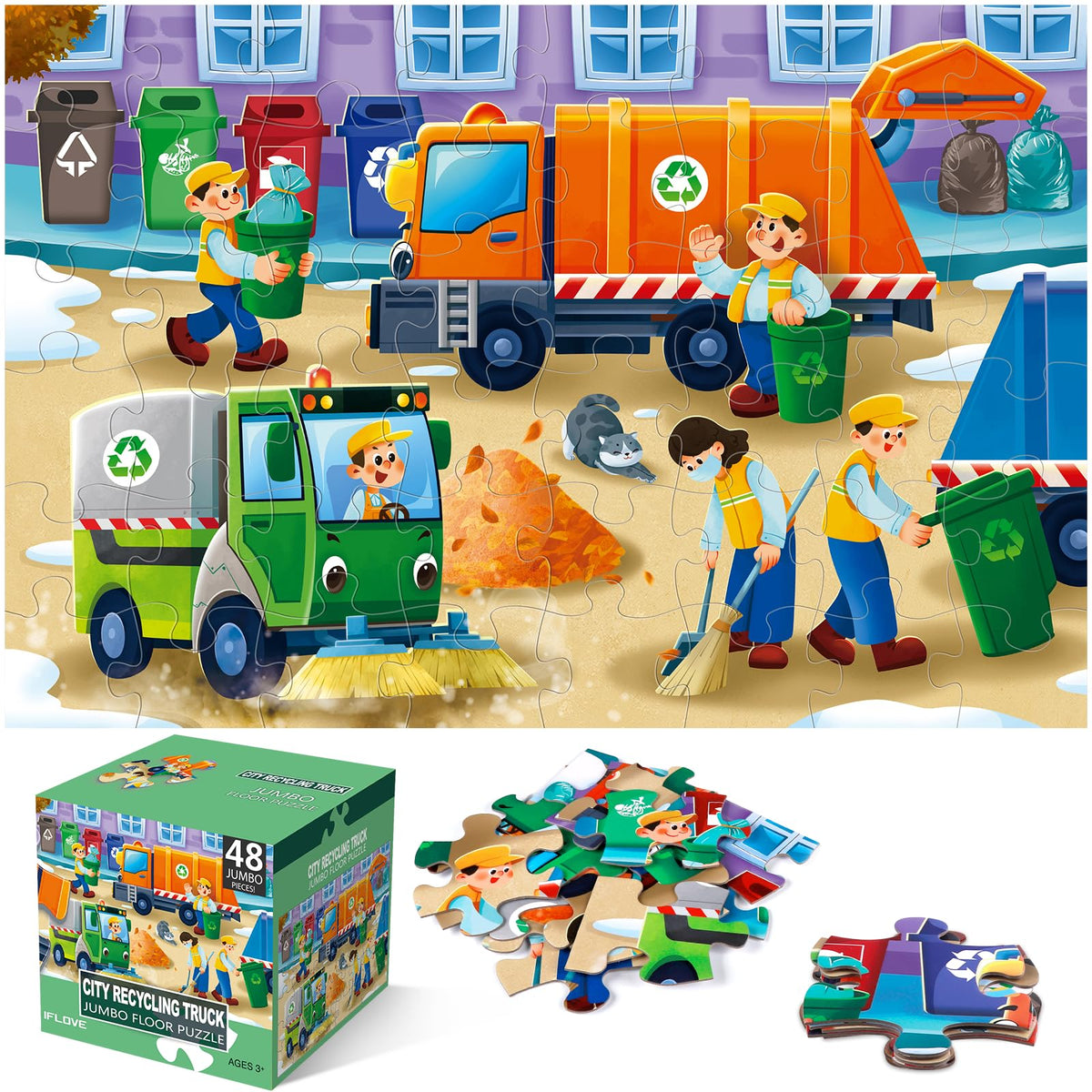 IFLOVE jumbo floor puzzle city recycling truck scene supports early learning through play.