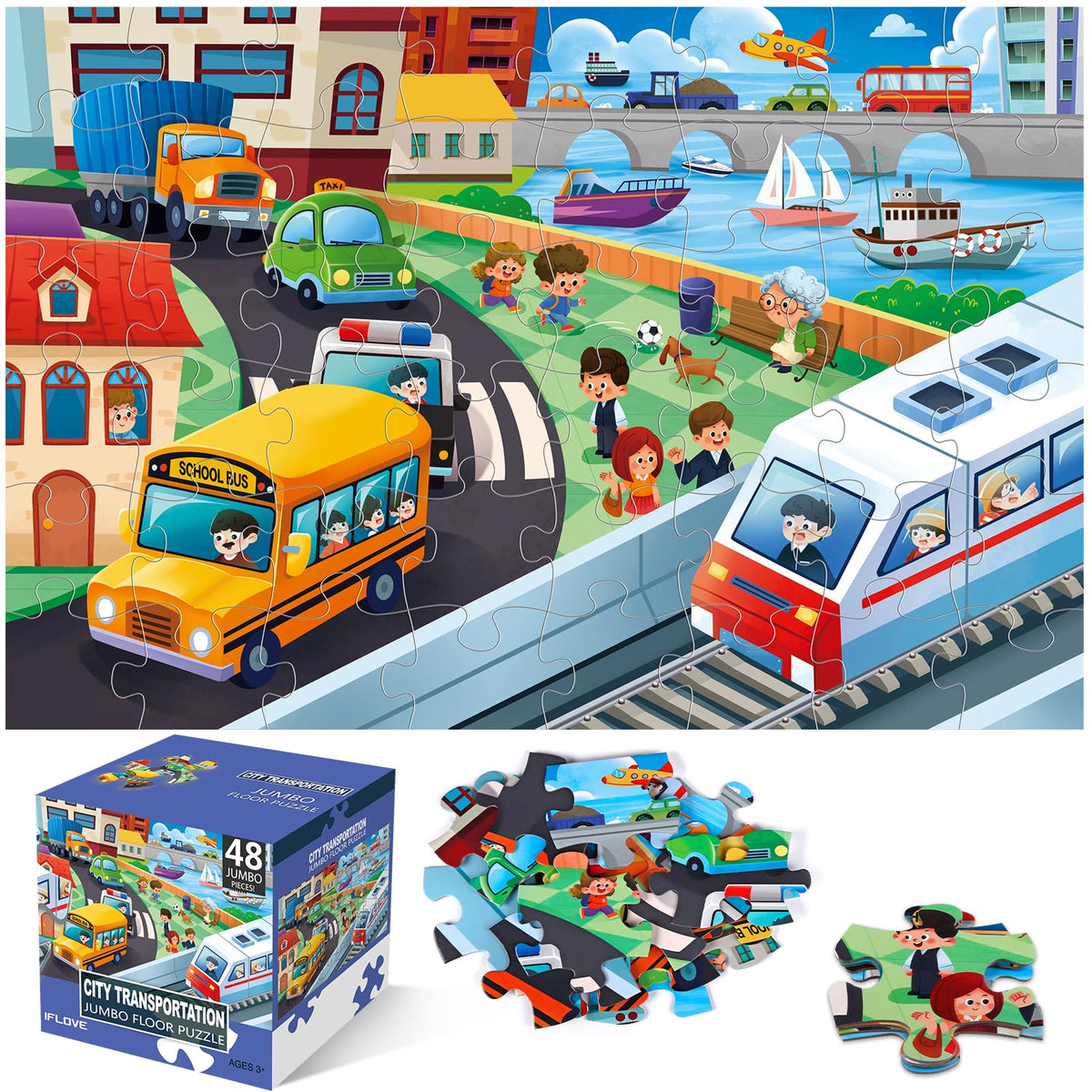 IFLOVE jumbo floor puzzle city transportation shows busy streets for imaginative play.