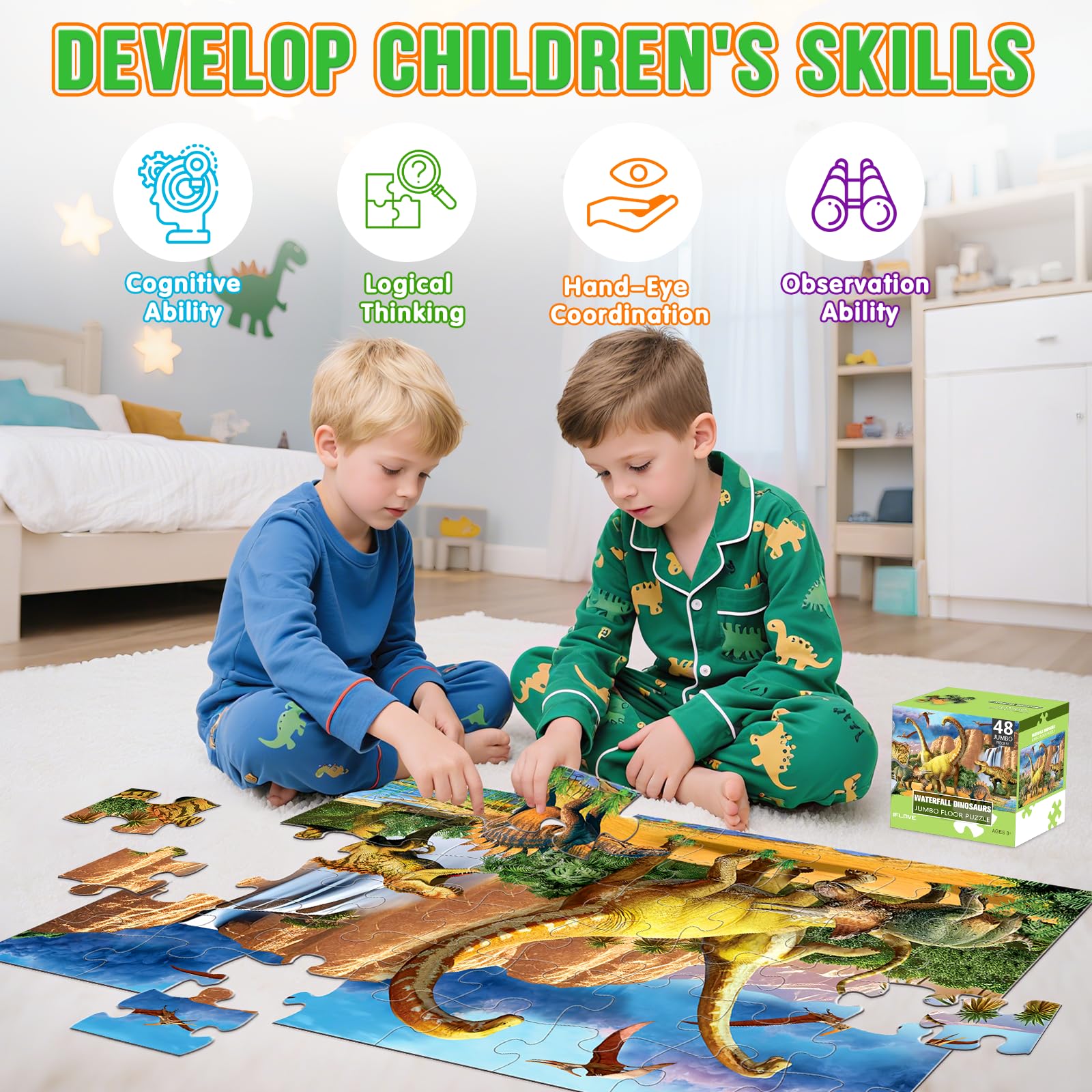 IFLOVE 48-piece dinosaur puzzle enhances pattern recognition and spatial skills for preschoolers.
