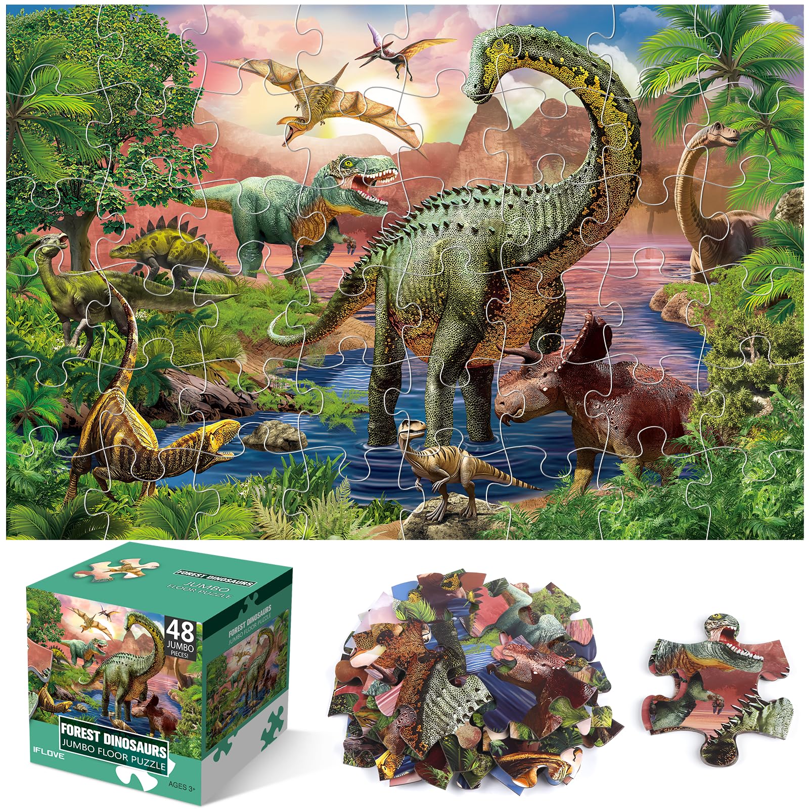 IFLOVE jumbo floor puzzle forest dinosaur with oversized pieces for easy handling and family time.