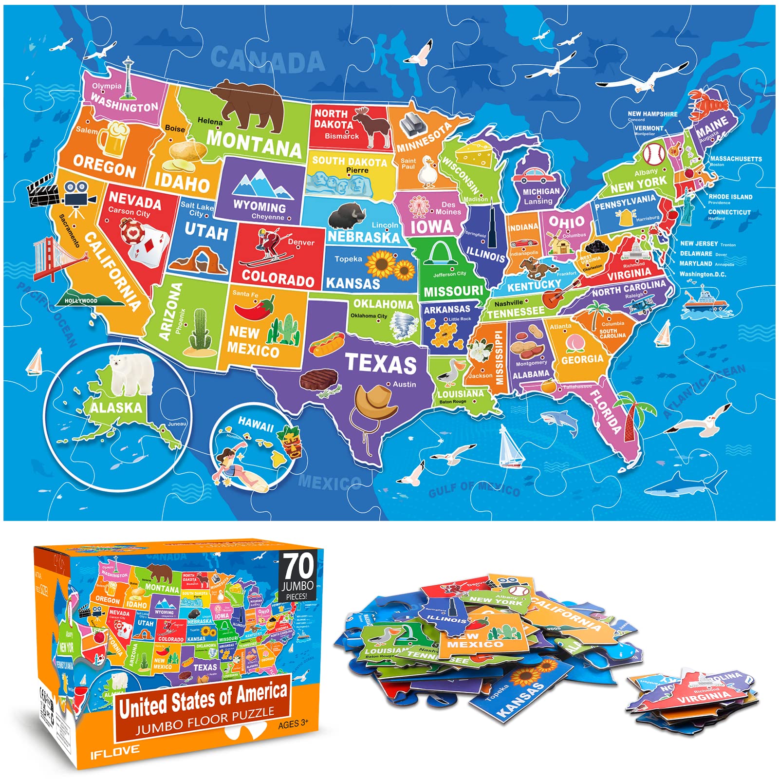 IFLOVE jumbo floor puzzle US map for kids learning geography