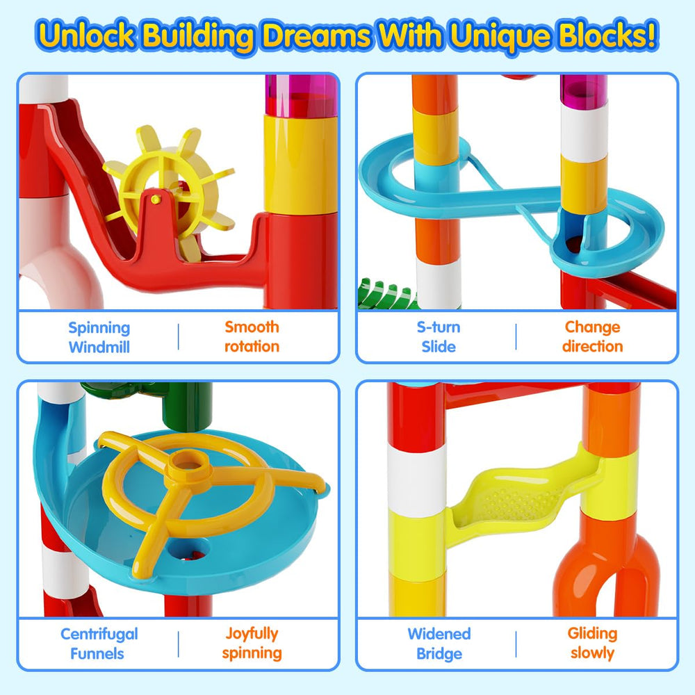 Ifollower Marble Run marble-showcase captures fast rolling action for sensory learning.