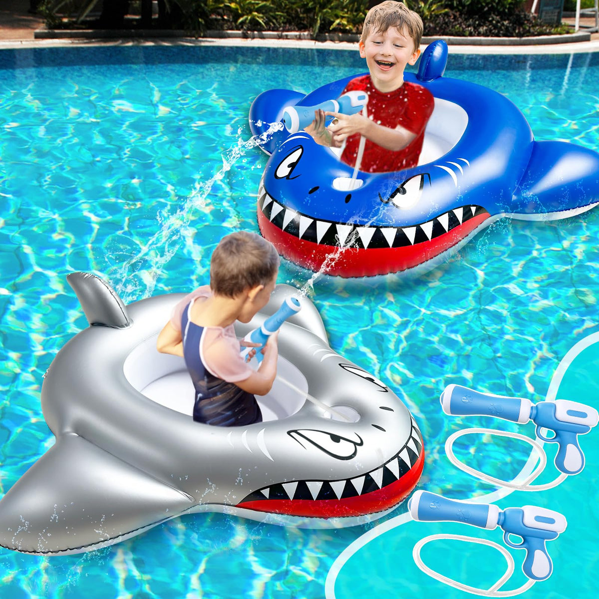 iGeeKid shark pool float blue with secure seat for safe play.