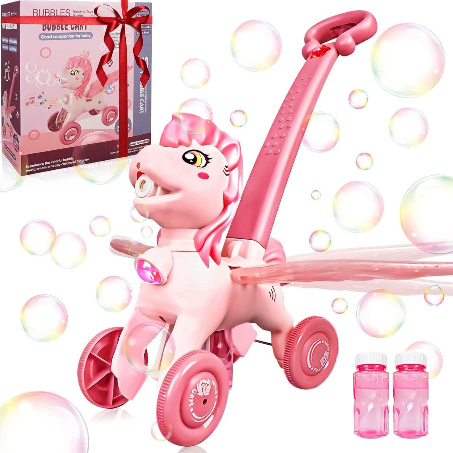 IGINOA pink bubble machine boosts outdoor play with colorful bubbles.