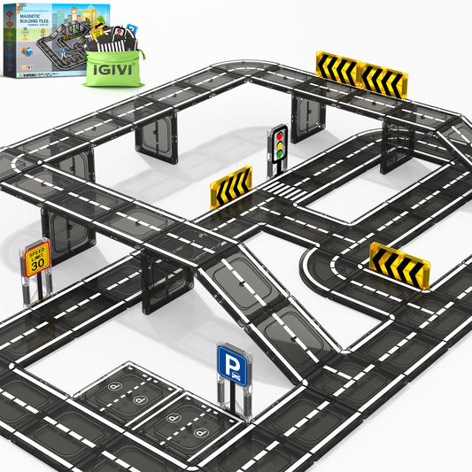 IGIVI magnetic tiles road set road bricks for imaginative building and STEM play