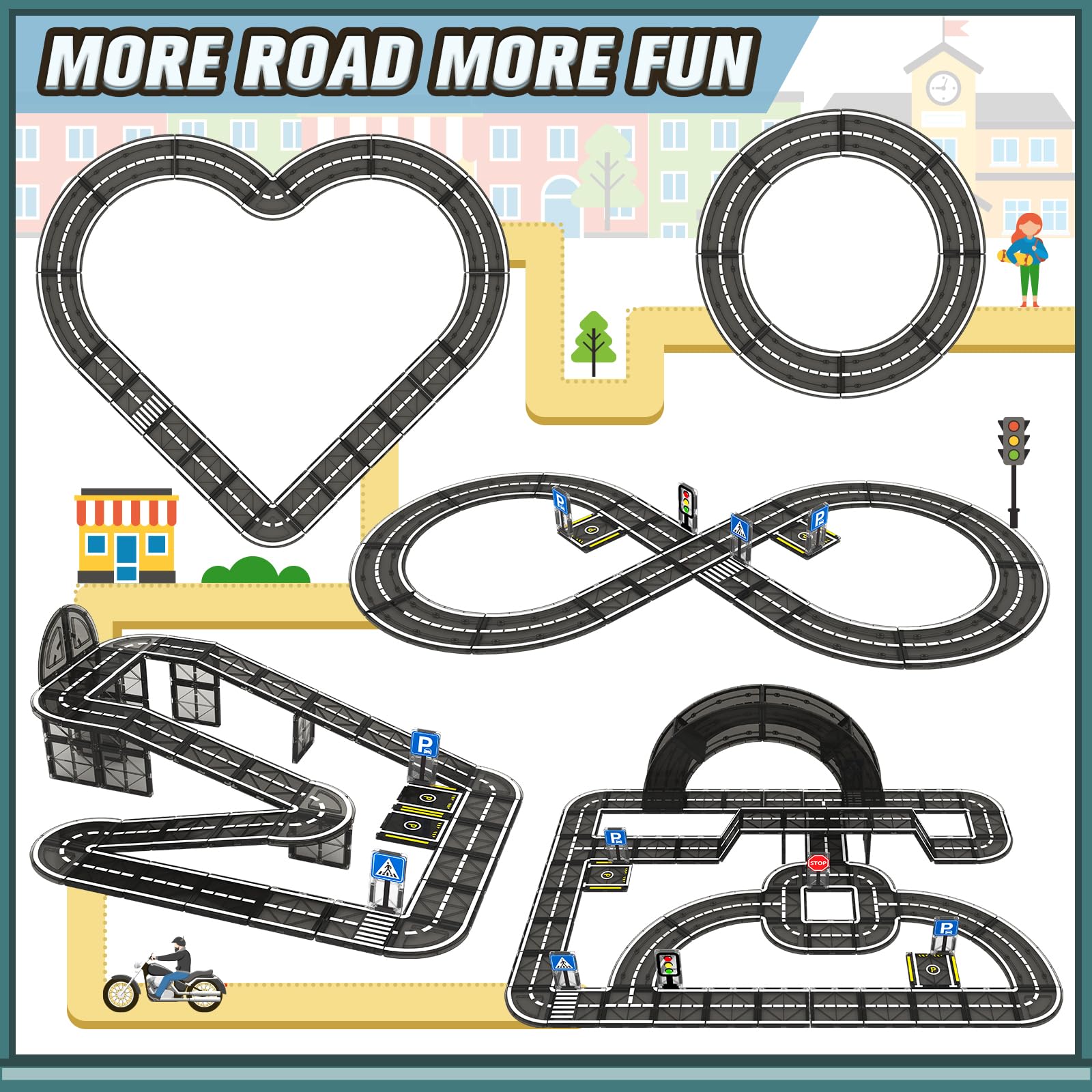 IGIVI magnetic road set traffic signs guide tiny drivers during play.