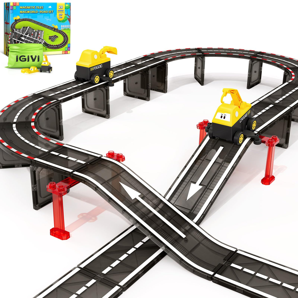 IGIVI magnetic tiles road straight lines promote creativity and collaborative play.