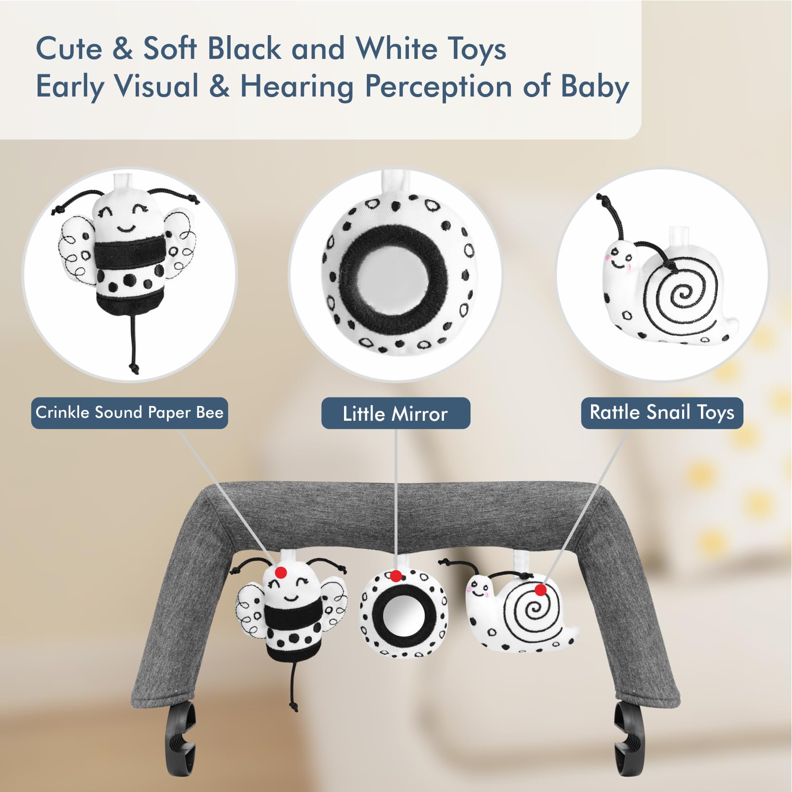 iGRATENS bee toy with crinkle sound enhances tactile and auditory interest.