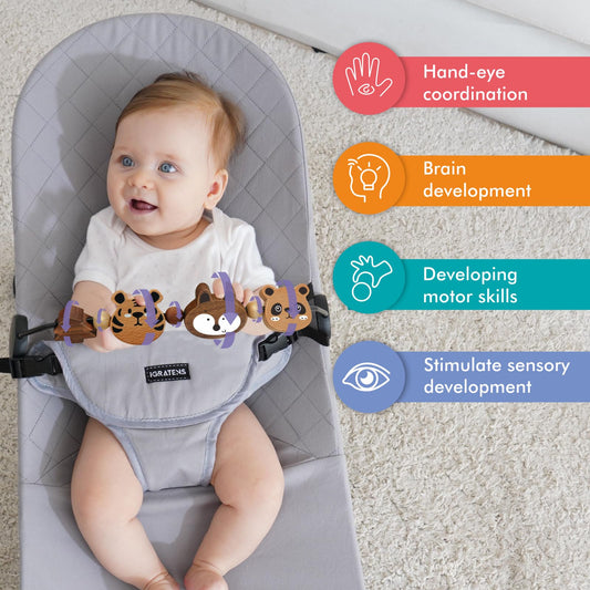 iGRATENS toy bar clip close-up highlights reinforced frosted clips for secure, simple removal.