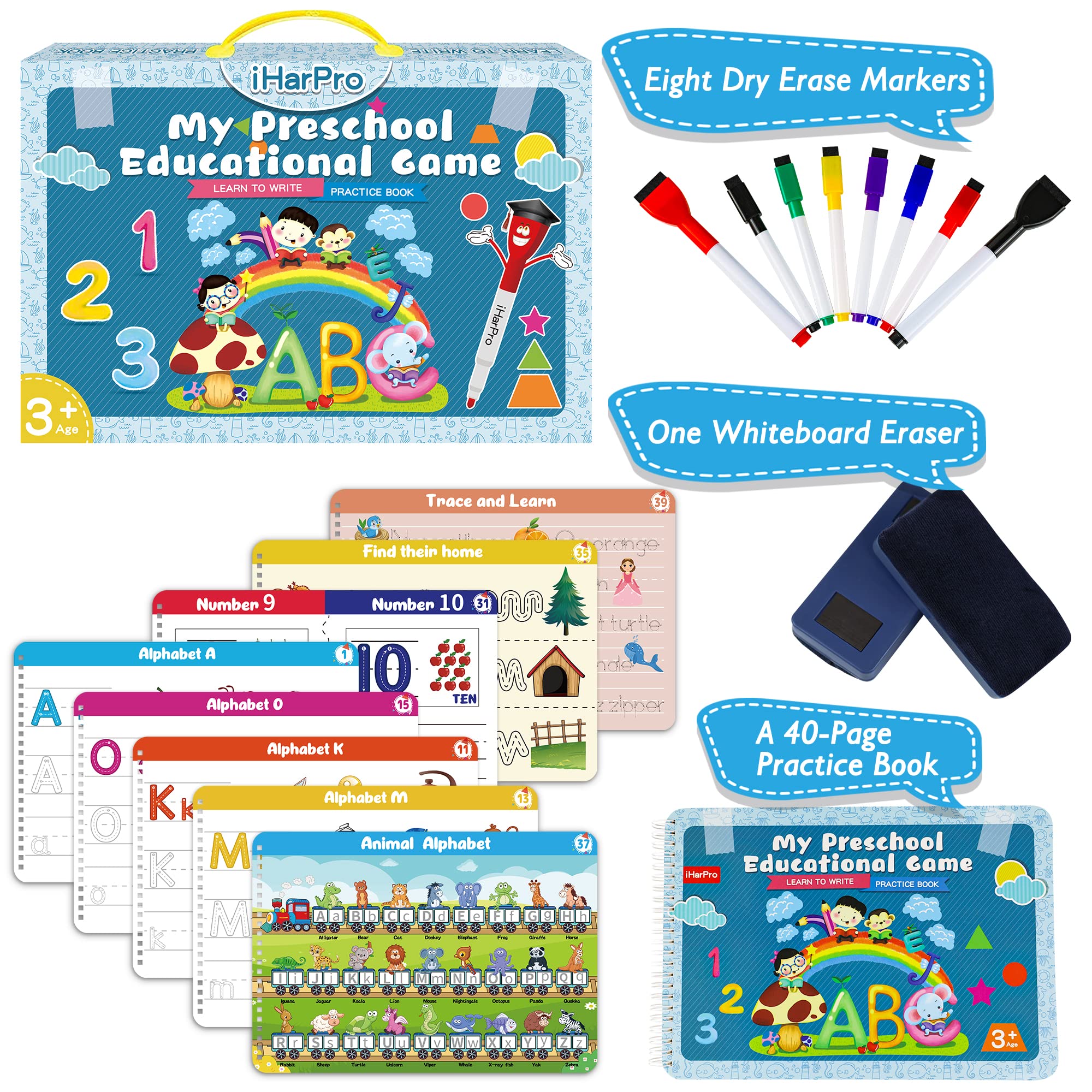 iharpro handwriting tracing book inside pages feature letters, numbers, animals and shapes for varied practice