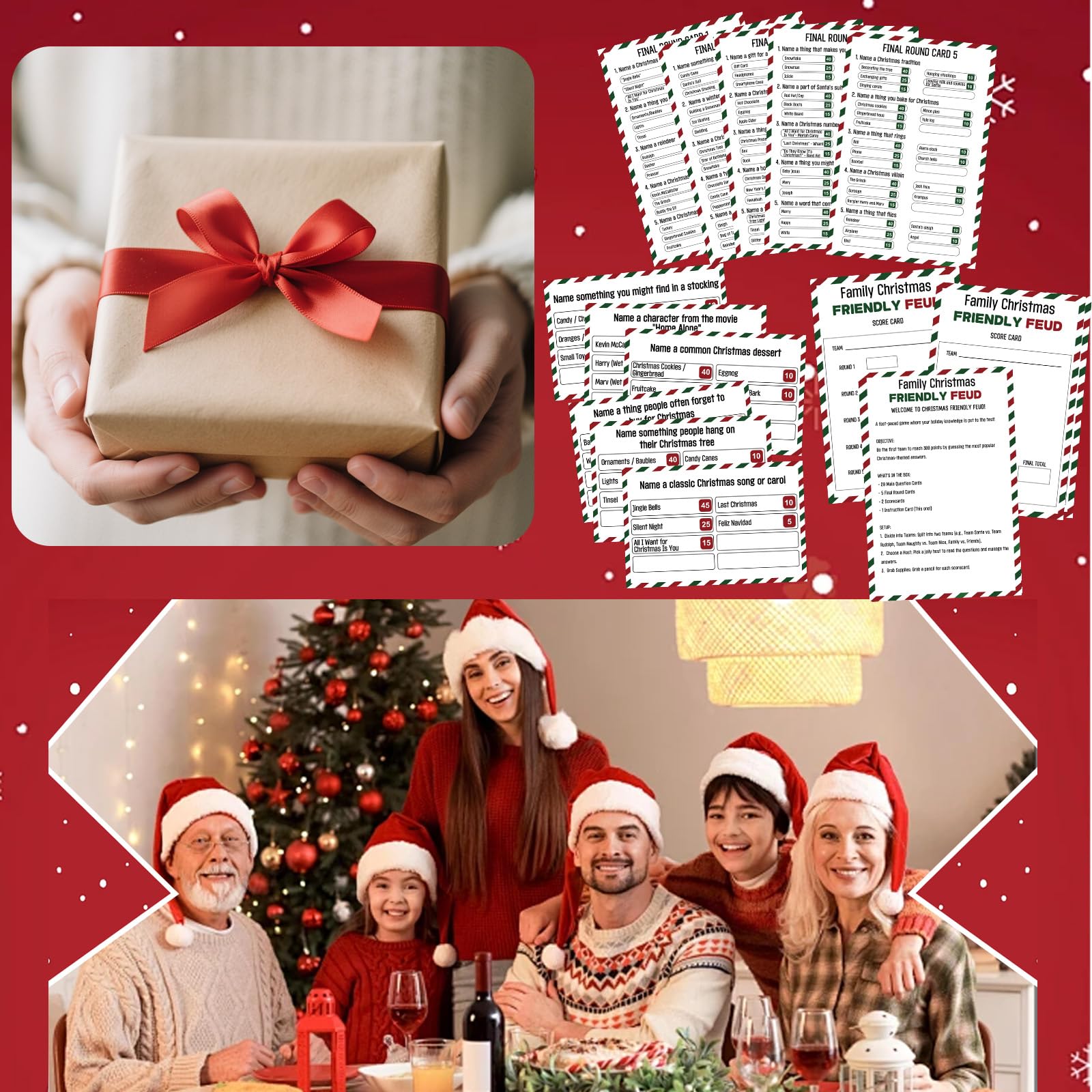 IIDEA Christmas Feud game set promises quick setup and reusable cards.