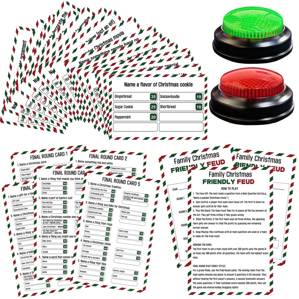 IIDEA Christmas Feud set contents show durable cards and buzzers for lively family game night.