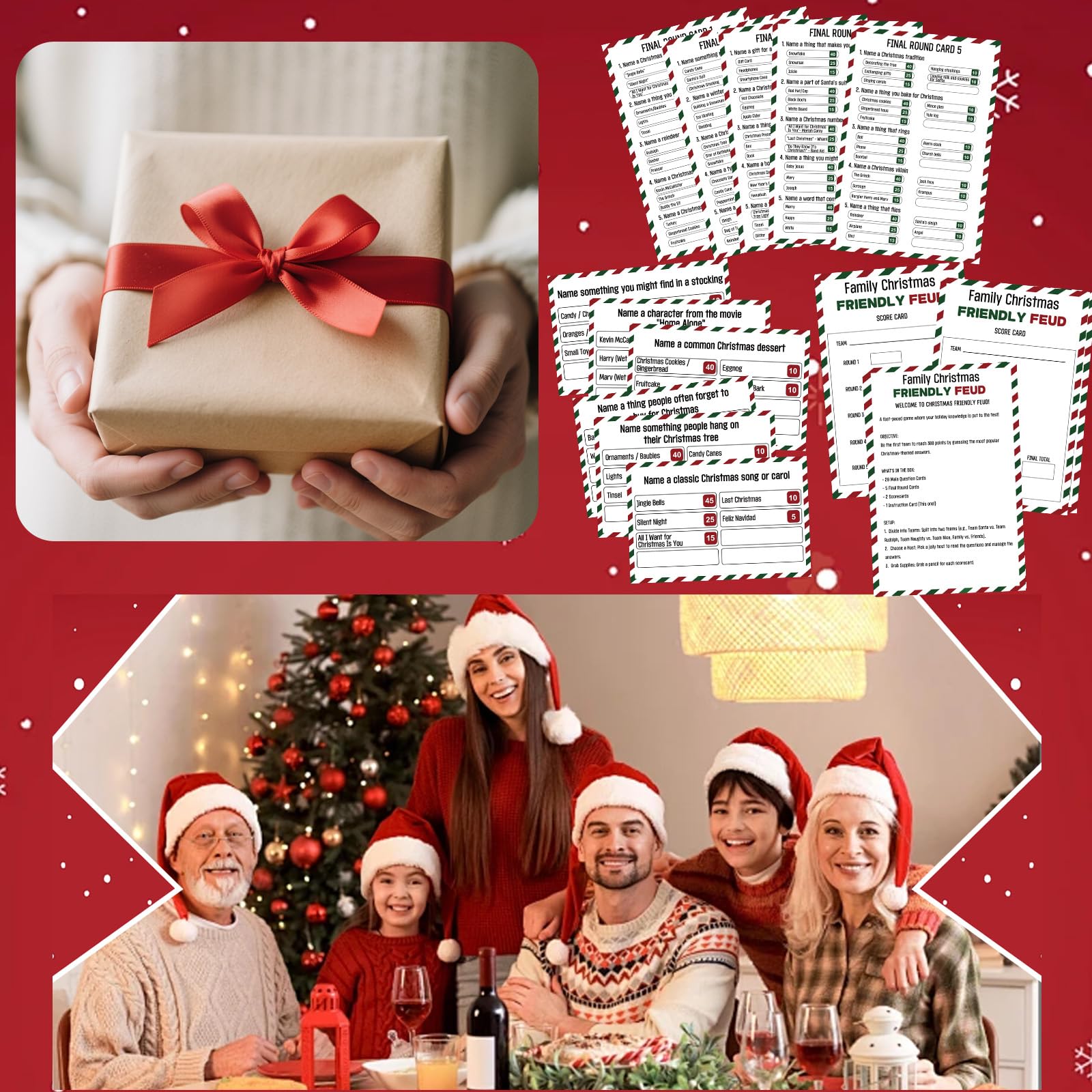 IIDEA Christmas Friendly Feud party setup scene with friends and laughter.